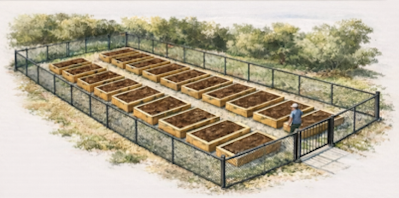 The proposed community garden at Market Street Village in Georgetown would have two columns of 11 raised-bed garden plots with a 4-foot-wide central aisle, security fencing and two gates. SUBMITTED IMAGE